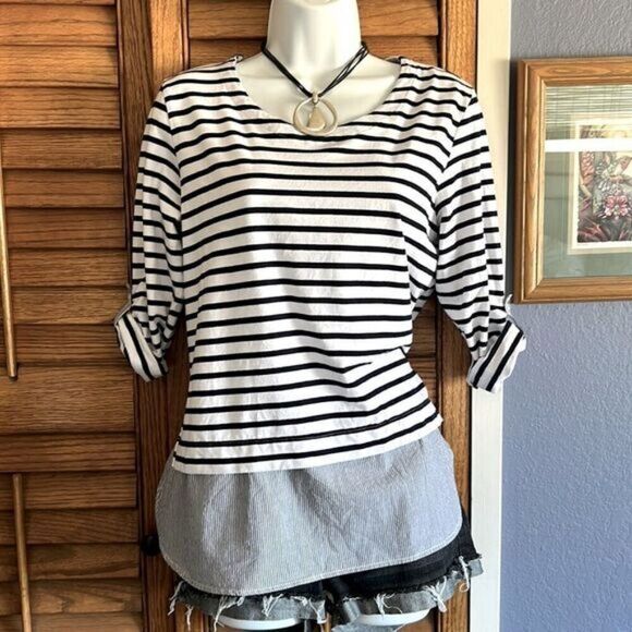 Lili’s Closet Blue White Striped Roll Tab 3/4 Sleeve Tunic Top M - Picture 11 of 11